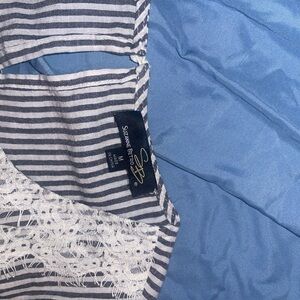 Suzanne Betro Navy and White Striped Top with Lace